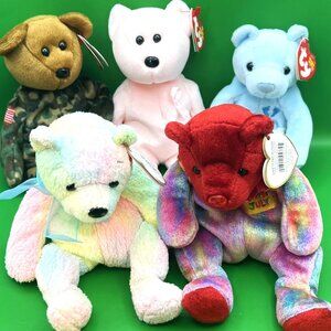 Ty Beanie Baby Bear Lot of 5 Hero Cure Mellow Its A Boy July Birthday Plush Toys